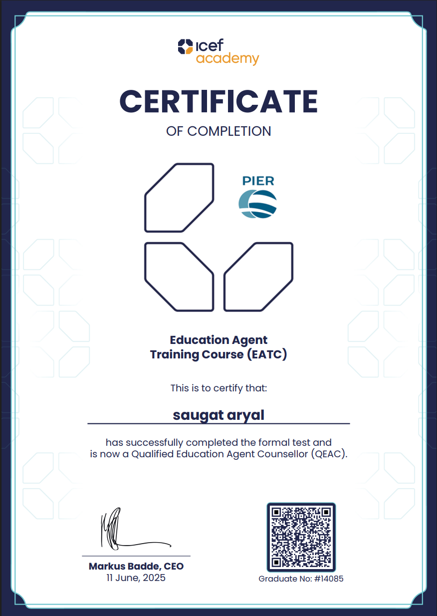 ICEF Academy Education Agent Training Course Certificate